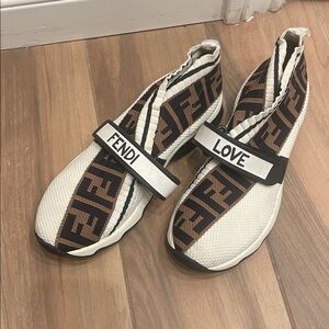 Fendi White & Brown FF Logo 'LOVE' Strap Slip-On Sneakers